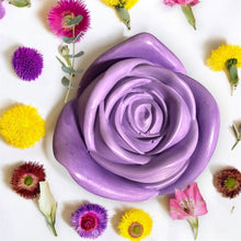 Load image into Gallery viewer, Purple rose-shaped candle with small flowers on a white background