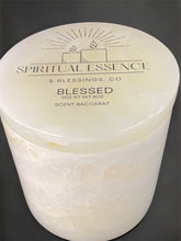 Load image into Gallery viewer, Blessed Baccarat-inspired candle with Spiritual Essence & Blessings Co. logo on marble-style lid.