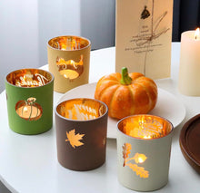 Load image into Gallery viewer, Thanksgiving Candle Holder Set (4) Frosted Glass with Gold Interior, Fall Table Décor