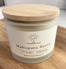 Load image into Gallery viewer, Mahogany Haven woodsy candle with bamboo lid and frosted glass jar — calming home fragrance