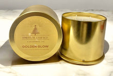 Carica l'immagine nel visualizzatore di Gallery, Matching gold candle tins with Golden Glow labels displayed together. Elegant holiday home decor and gift candle by Spiritual Essence & Blessings Co.