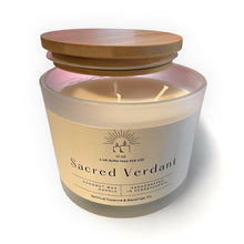 Load image into Gallery viewer, Frosted glass candle with Sacred Verdant label and bamboo lid, angled view showing full product design.”