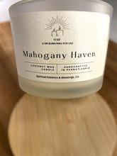 Load image into Gallery viewer, Mahogany Haven candle label close-up — frosted glass jar, minimalist design