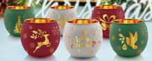 Load image into Gallery viewer, Set of six Christmas votive holders with gold engraved designs including tree, reindeer, and snowflake.
