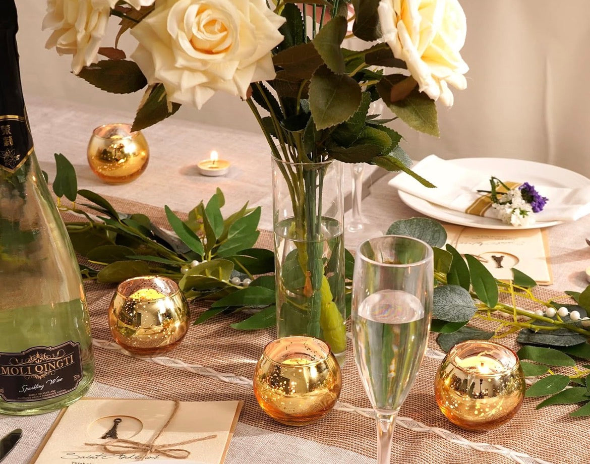 Gold Glass Candle Holders- Set of 12 with 6 Coconut Wax Tea Lights