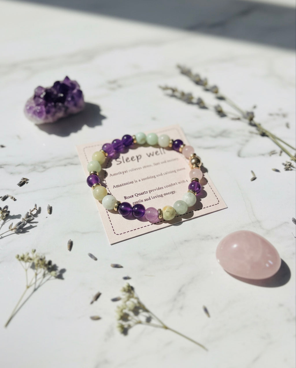 Sleep well crystal bracelet – amethyst, amazonite & rose quartz for calm and relaxation