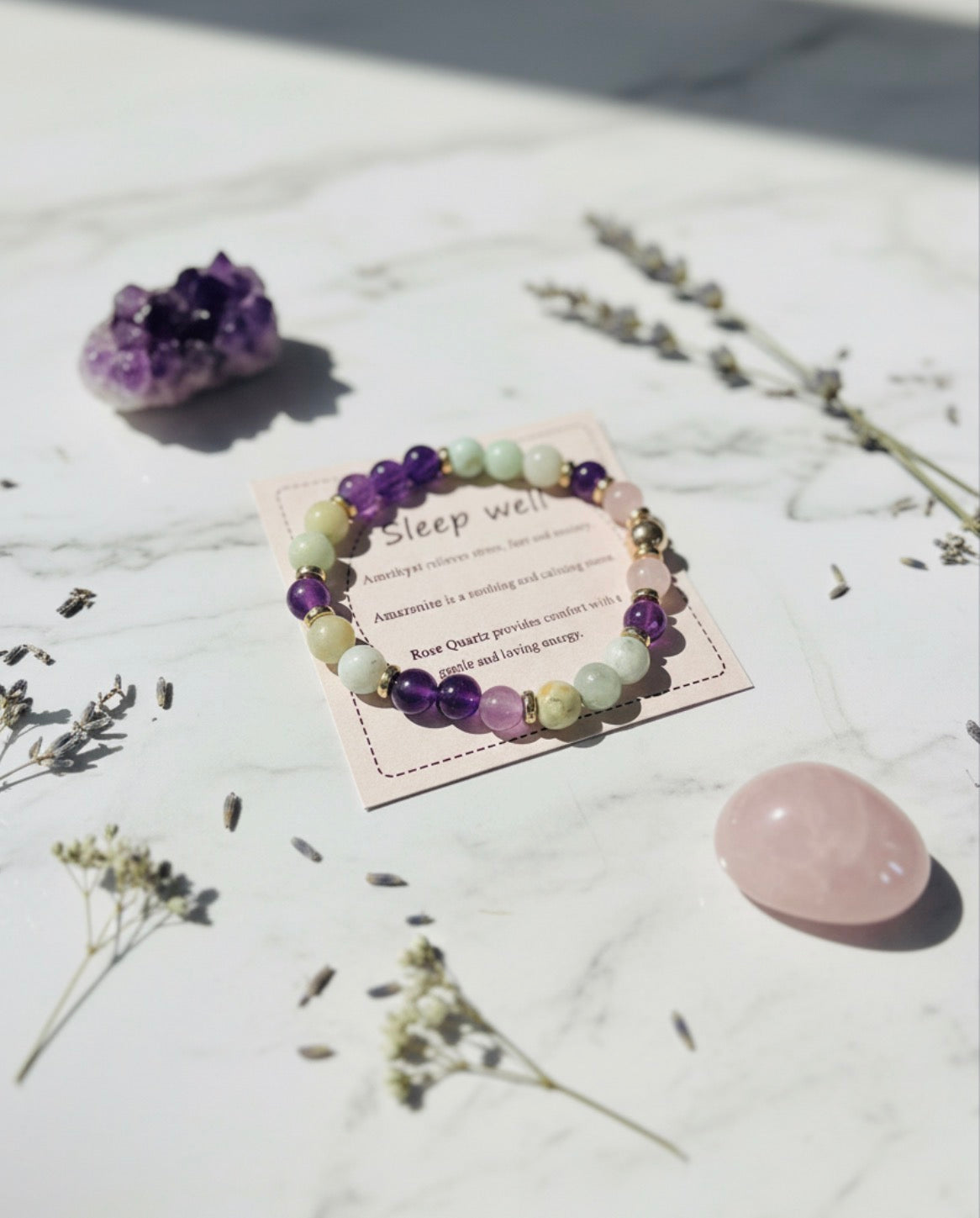Sleep well crystal bracelet – amethyst, amazonite & rose quartz for calm and relaxation