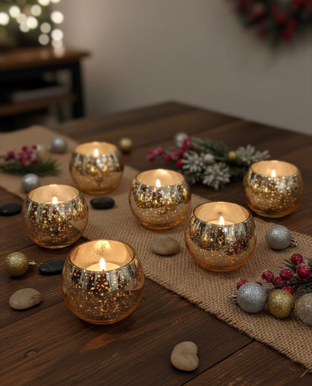 Gold Glass Candle Holders- Set of 12 with 6 Coconut Wax Tea Lights
