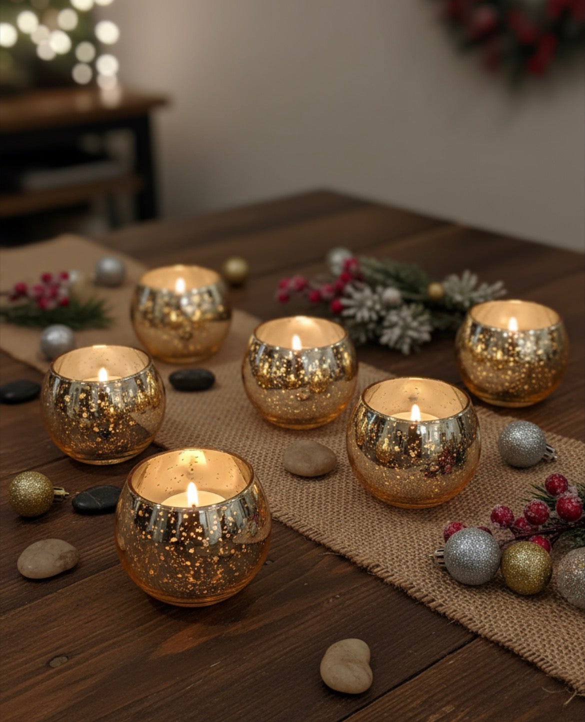 Gold Glass Candle Holders- Set of 12 with 6 Coconut Wax Tea Lights