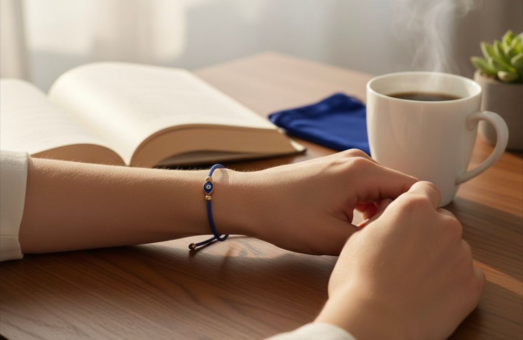 Person wearing a blue evil eye bracelet while reading with coffee.