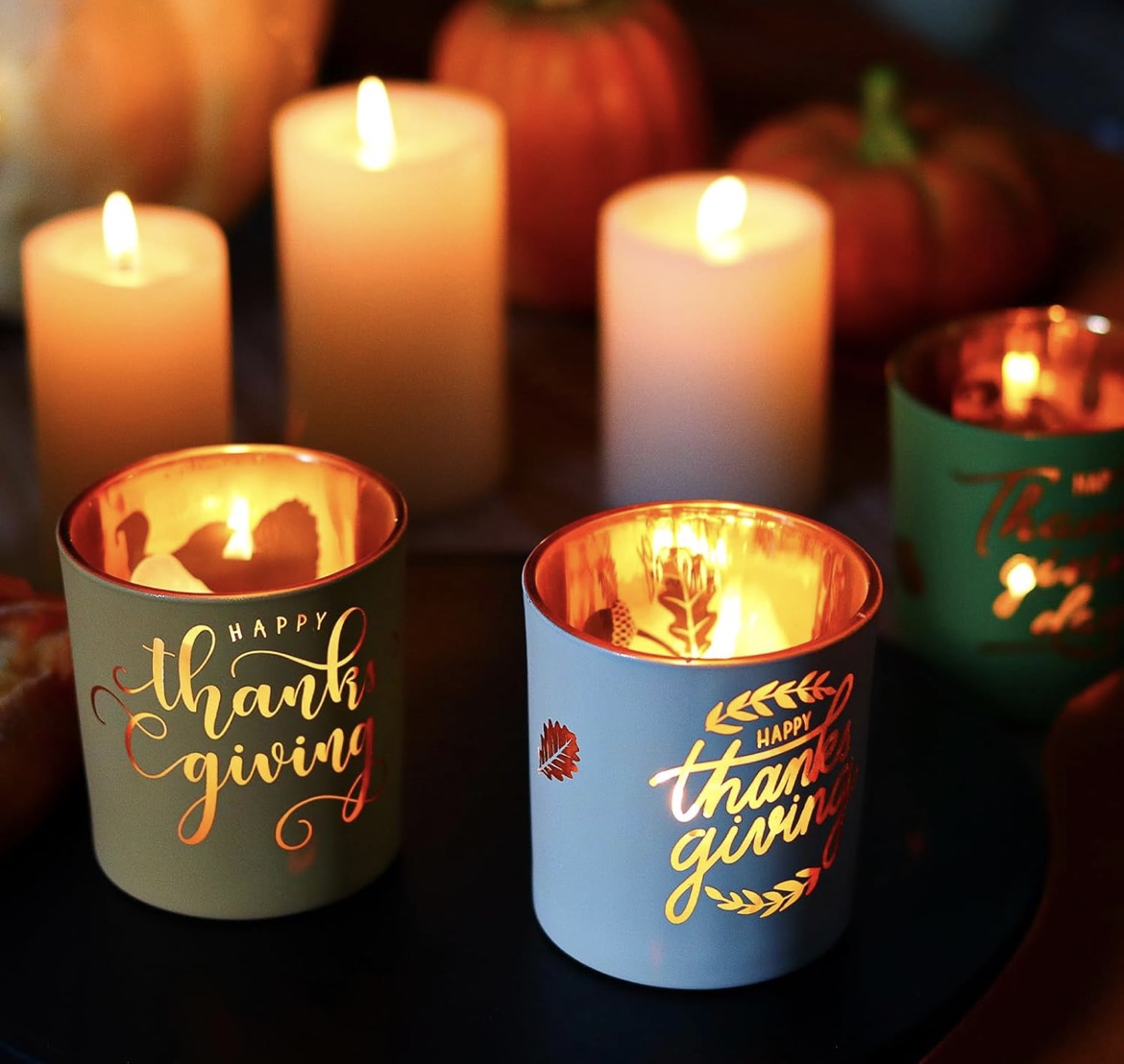 Candle Holder Set (4) Frosted Glass with Gold Interior, Fall Table Décor