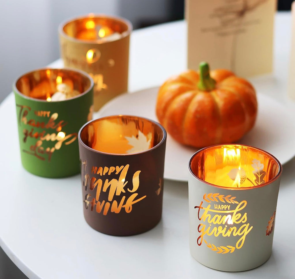 Candle Holder Set (4) Frosted Glass with Gold Interior, Fall Table Décor