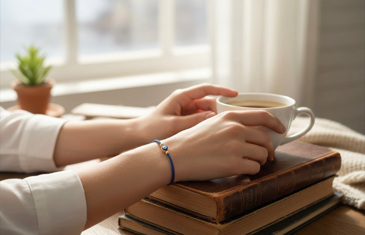 Blue evil eye bracelet on wrist holding a coffee cup near books. 