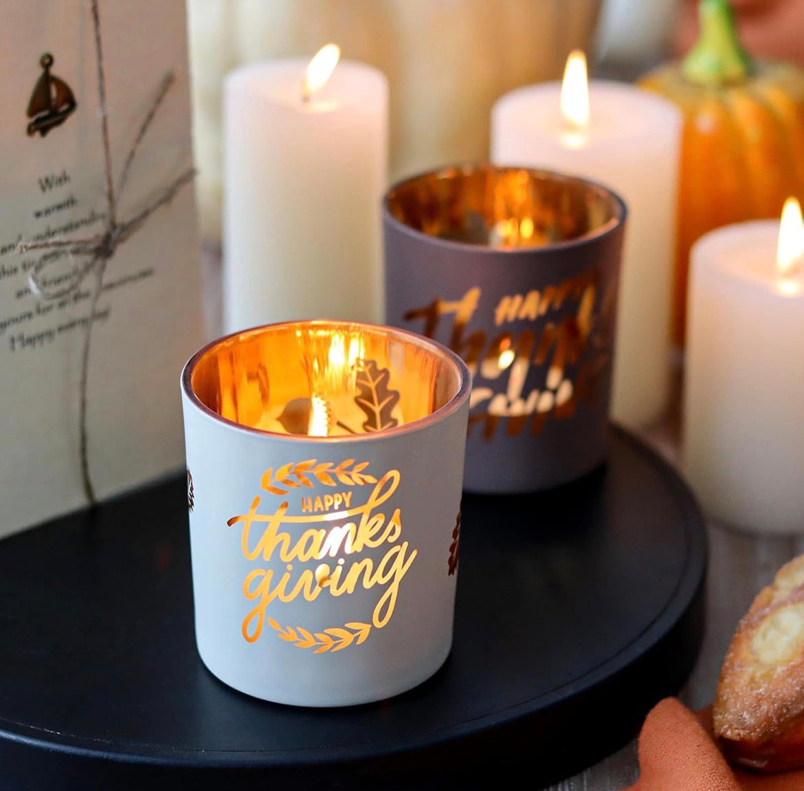 Candle Holder Set (4) Frosted Glass with Gold Interior, Fall Table Décor