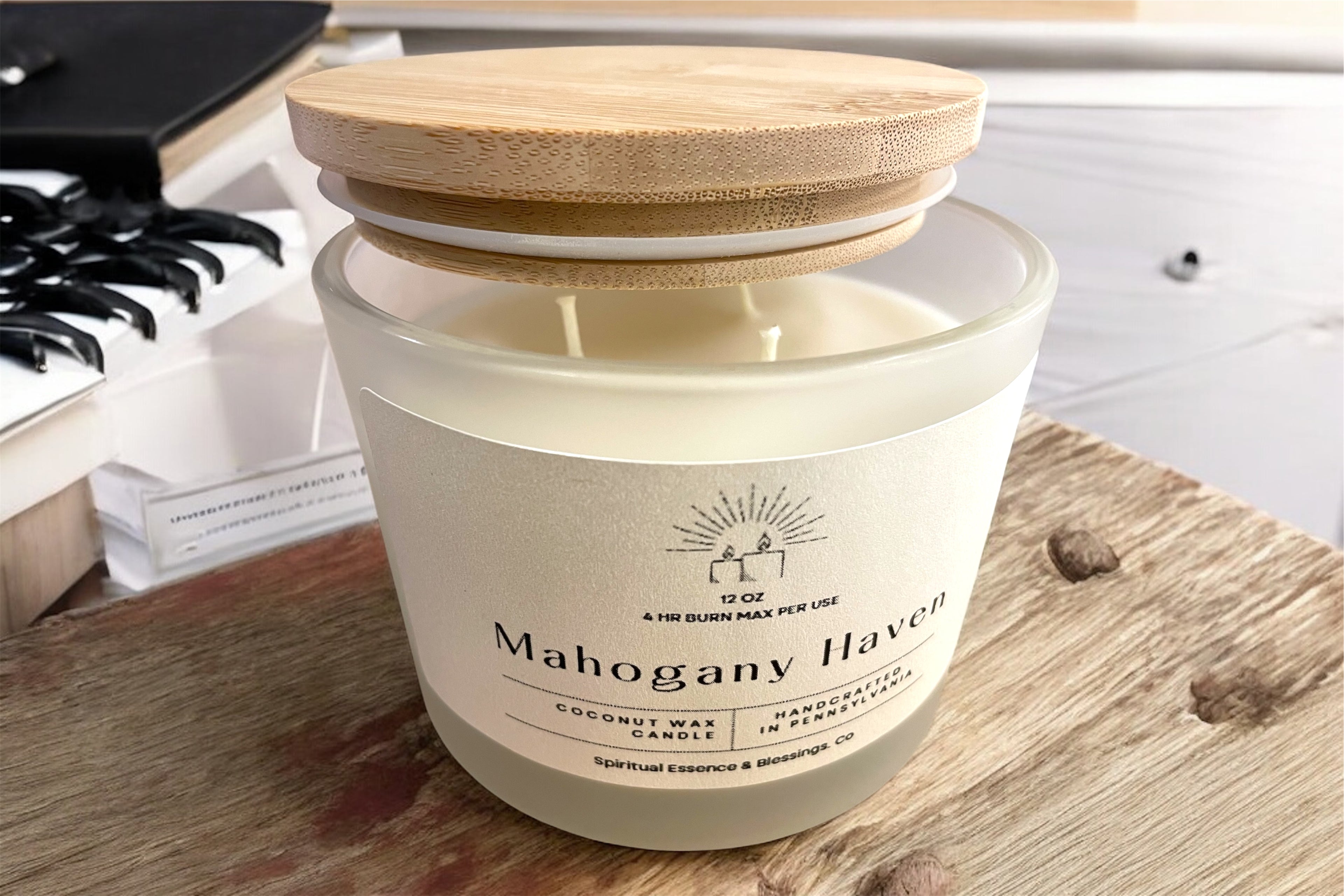 Mahogany Haven coconut wax candle in frosted glass jar with bamboo lid — Spiritual Essence & Blessings Co.
