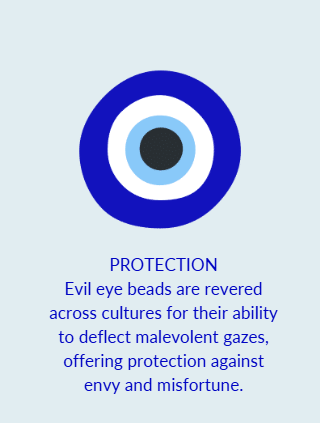 Evil eye bead design with text on a light blue background